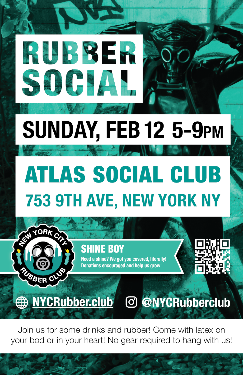 A NYC Rubber Club social at Atlas Social Club 5pm-9am Sun 12th Feb 2023